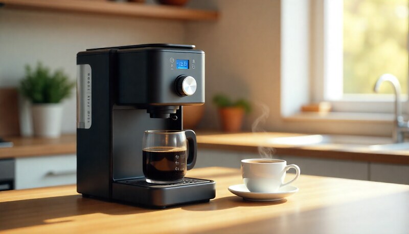 Fellow Aiden Coffee Maker on a wooden kitchen counter with a steaming cup of coffee beside it, showing its sleek matte black design and digital interface under natural morning light.
