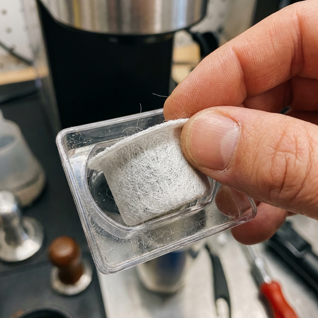 Removing clogged charcoal water filter to fix Cuisinart EEO error.