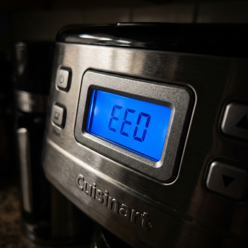 Cuisinart coffee maker LCD screen showing EEO error code - troubleshooting guide.