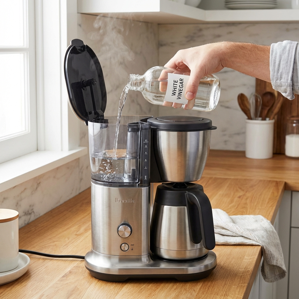 Pouring white vinegar into Cuisinart coffee maker to descale and fix clean light flashing