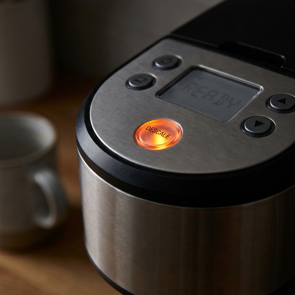 Close up of Keurig control panel with orange descale light on - fixing blinking light errors.