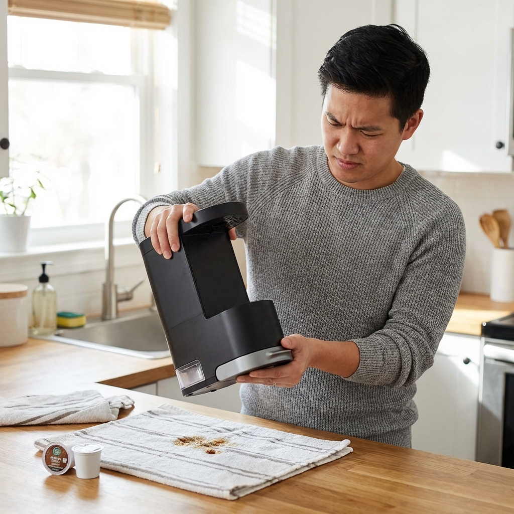 Turning Keurig upside down to fix air lock and water reservoir issues.