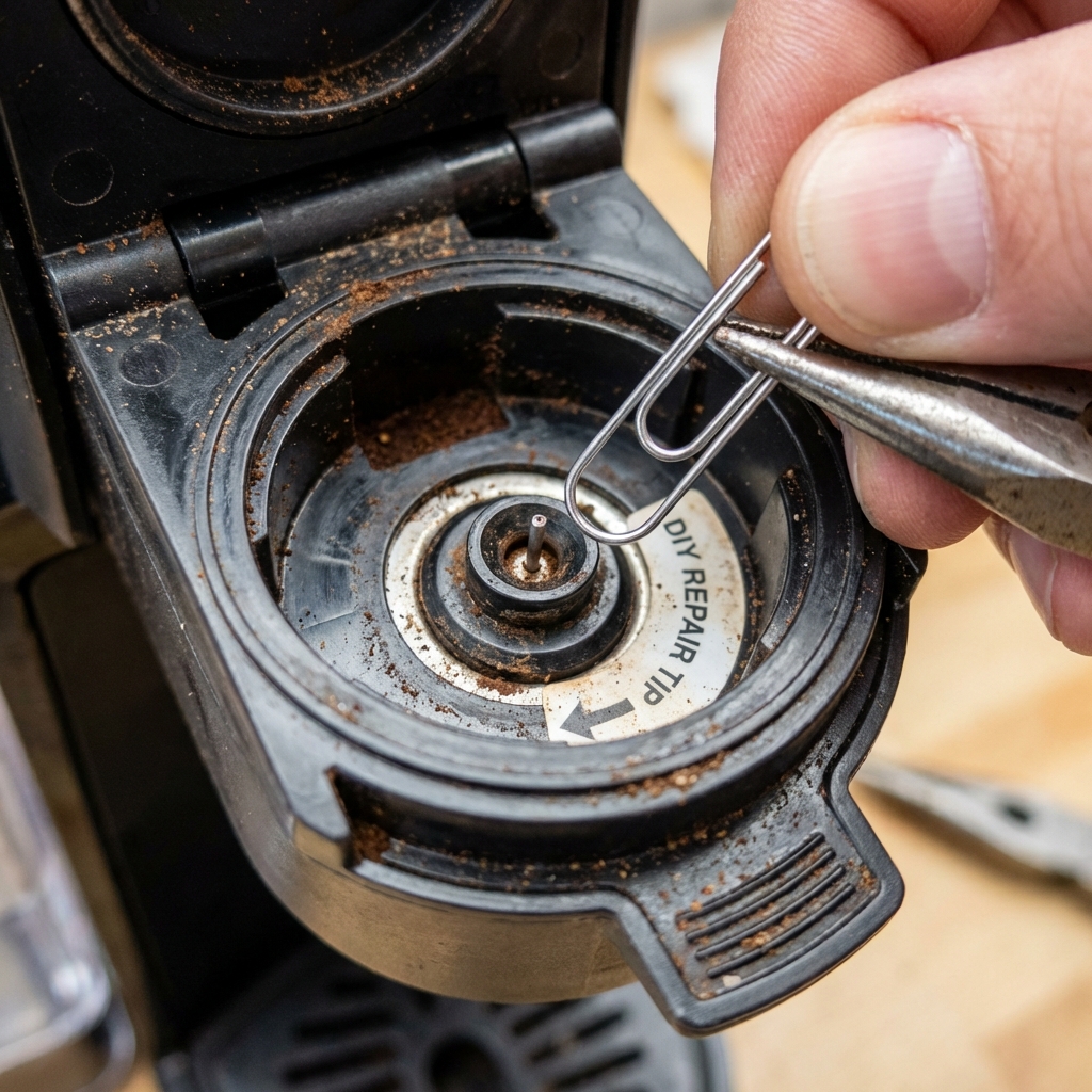 Using a paperclip to unclog Keurig needle - DIY coffee maker repair trick.