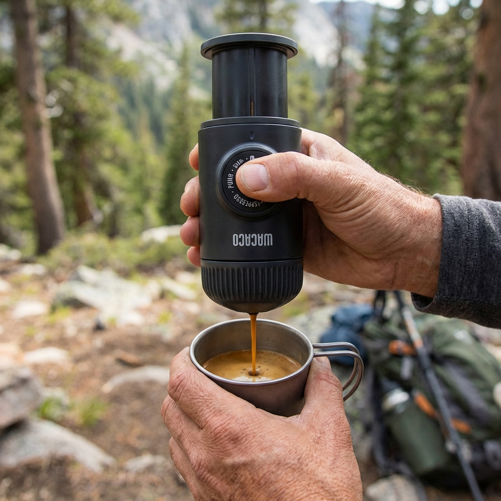 Wacaco Picopresso being used on a rustic wooden table outdoors